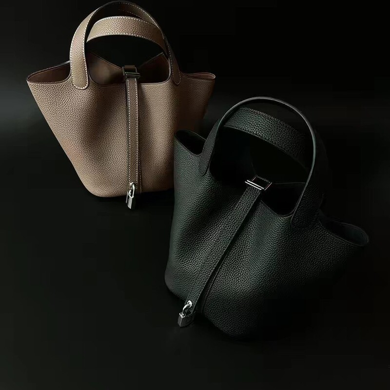 Women's Leather Basket Bag, 18cm, Imported Tc Leather, Top Layer Cowhide, Fully Handmade with Waxed Thread, Bucket Bag with a High-End Feel Women's Leather Basket Bag, 18cm, Imported Tc Leather, Top Layer Cowhide, Fully Handmade with Waxed Thread, Bucket Bag with a High-End Feel