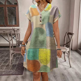 2026欧美外贸跨境女装亚马逊爆品夏日几何印花V领纽扣跨境连衣裙