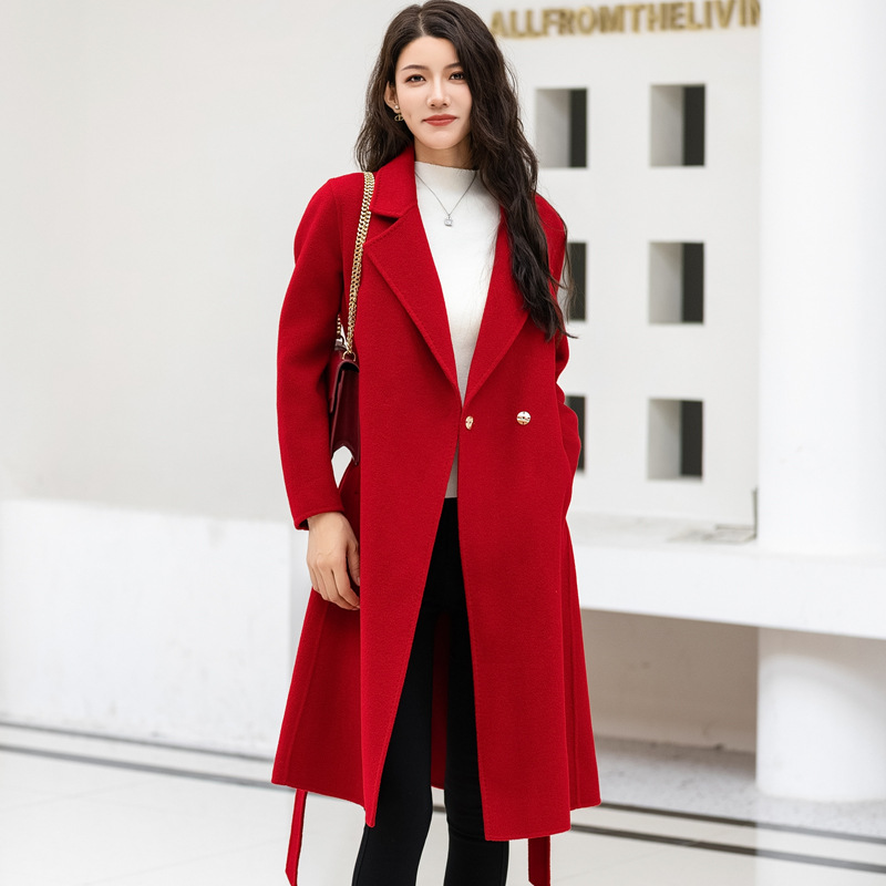 2025冬新款韩版宽松羊毛呢子外套潮中长款红色腰带双面羊绒大衣女