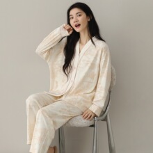 实体纯棉睡衣女士春秋新款长袖长裤开衫和服领直播家居服两件套装