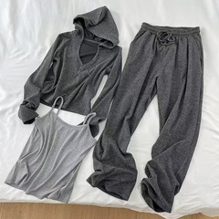 慵懒风时尚休闲运动套装女秋季连帽上衣吊带背心阔腿裤三件套秋冬