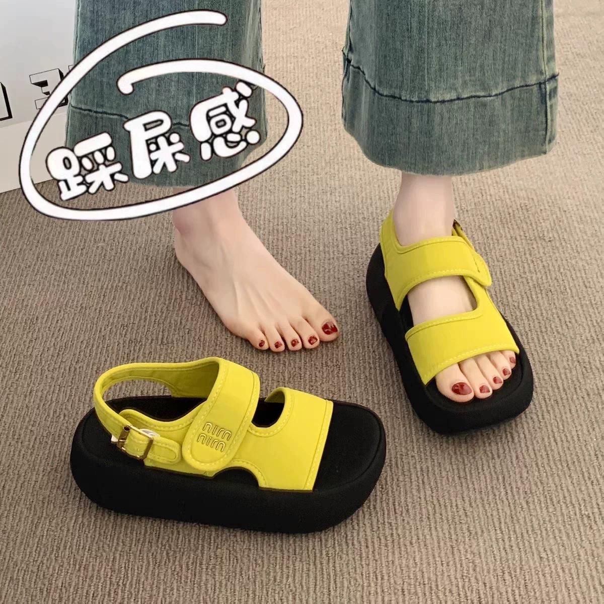 Женские пляжные шлепанцы на толстой подошве с липучкой в корейском стиле, новинка лета 2025 года.