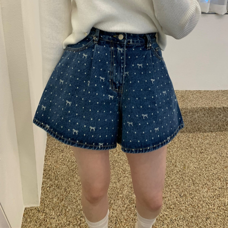 Spot 24 Spring Cute Casual Bow Polo Dot Print Versatile Denim Shorts