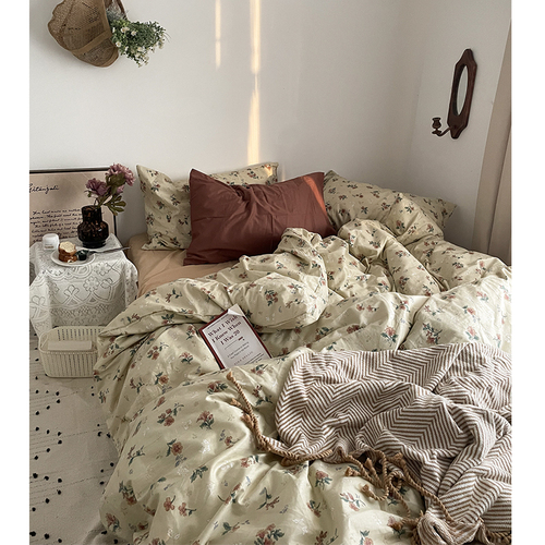 Retro cream flower ins small floral cotton bed sheet four-piece set princess style 100 pure cotton quilt cover bed sheet four-piece set