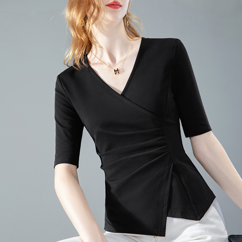 Camiseta de manga media para mujer 2023 nueva camiseta de algodón de media manga con cuello en v elegante para mujer, parte superior de cintura plisada irregular