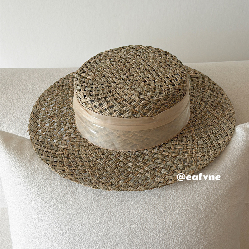 8cm Wide Brim French-Style Anti-Silk Straw Hat, Summer Three-Strand Woven Old Money Style Hollow Flat-Top Sun Hat