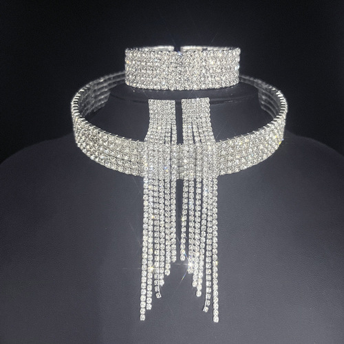 Classic Metal Tassel Rhinestone Bridal Jewelry Three Piece Set Women's Rhinestone Wedding Necklace Earrings Bracelet Set