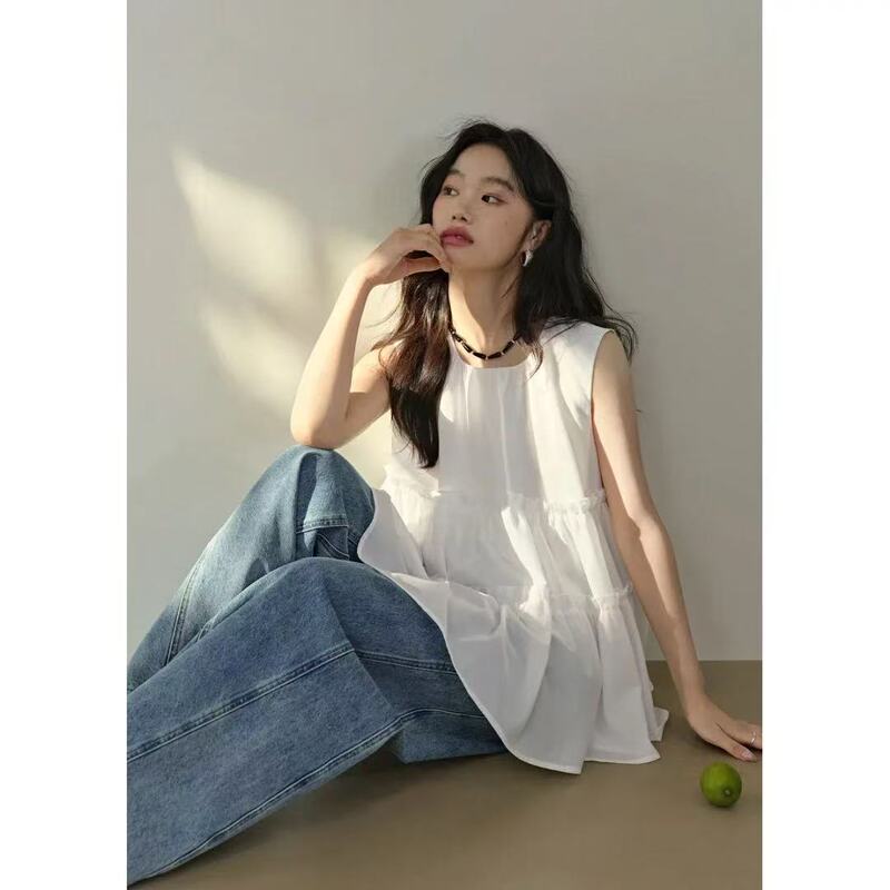 French White Ear Vest Shirt Women's 2025 Summer New Sleeveless Doll Shirt Top