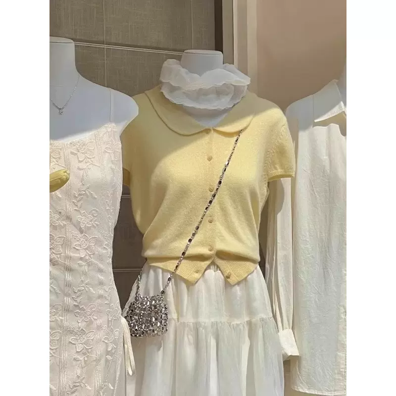杭州四季青高端女装黄色娃娃领针织开衫夏季超好看小飞袖polo上衣