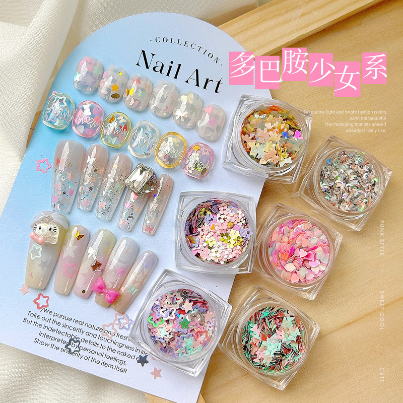 Sweet cool dopamine hollow Star Girl cute pink love nail jewelry patch bow nail sequins