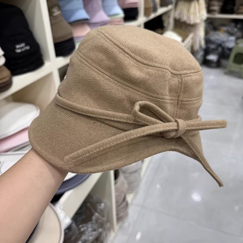 秋冬款保暖百搭显瘦毛呢渔夫帽子女小众可爱蝴蝶结系绳不规则盆帽|undefined