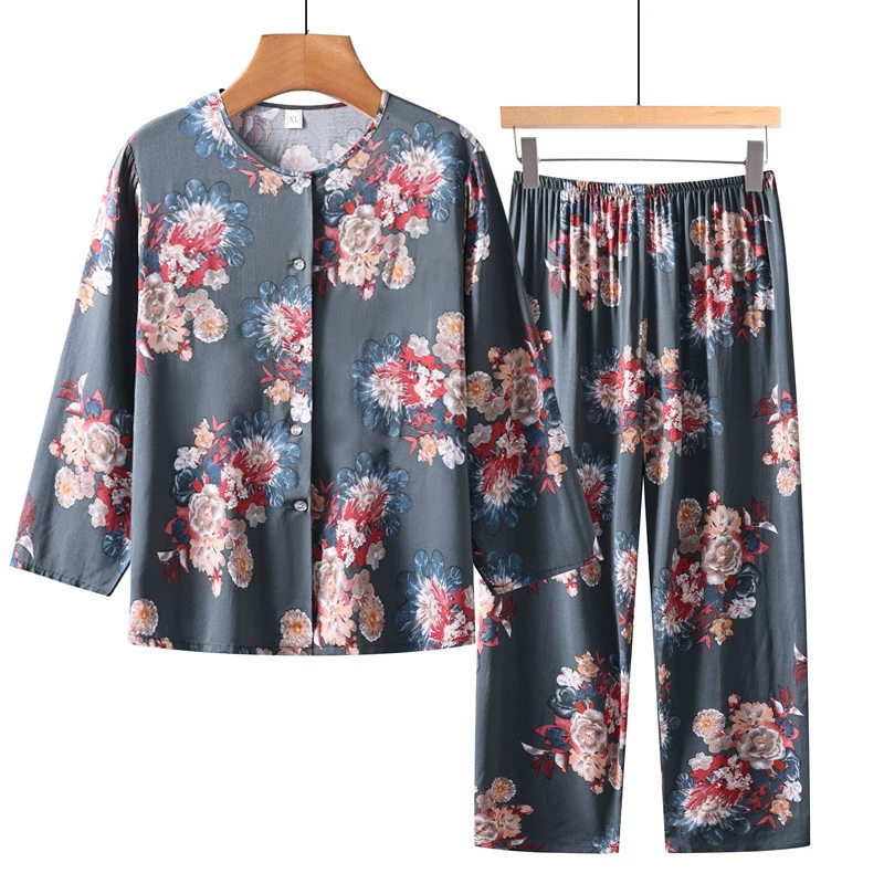Летний костюм, топ, костюм из двух предметов с длинными рукавами, домашняя одежда, женская одежда среднего и пожилого возраста, хлопковые шелковые пижамы для бабушки, мама