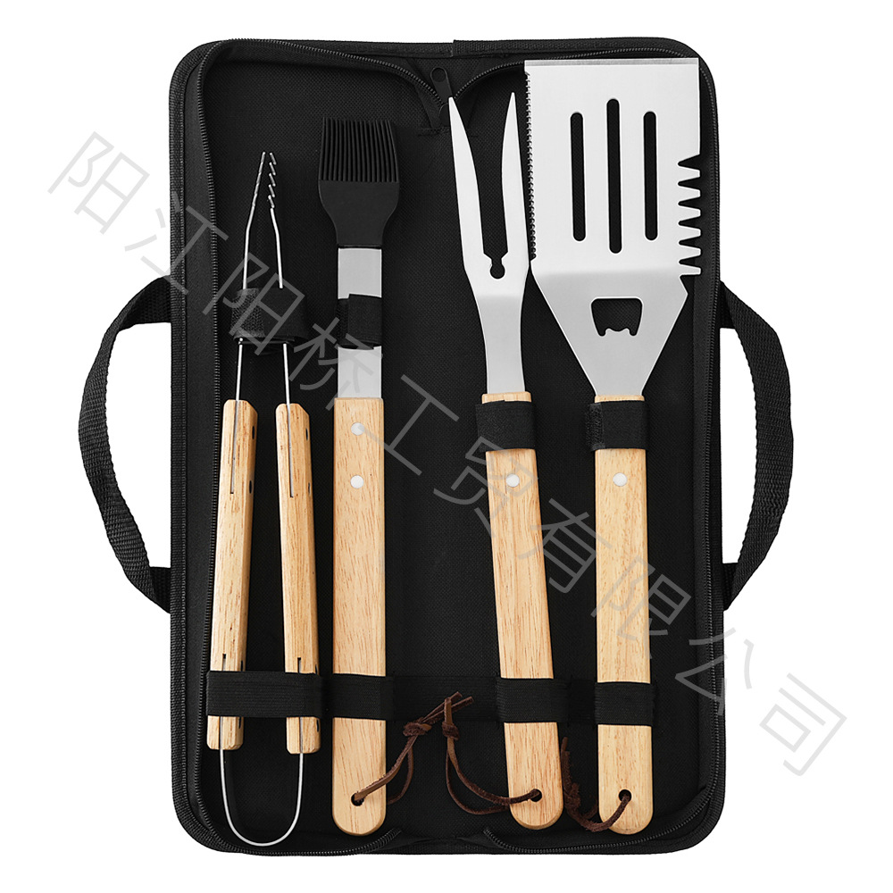 Fábrica de acero inoxidable en stock BBQ camping mango horquilla bolsa de cascada combinación de herramientas de barbacoa al aire libre