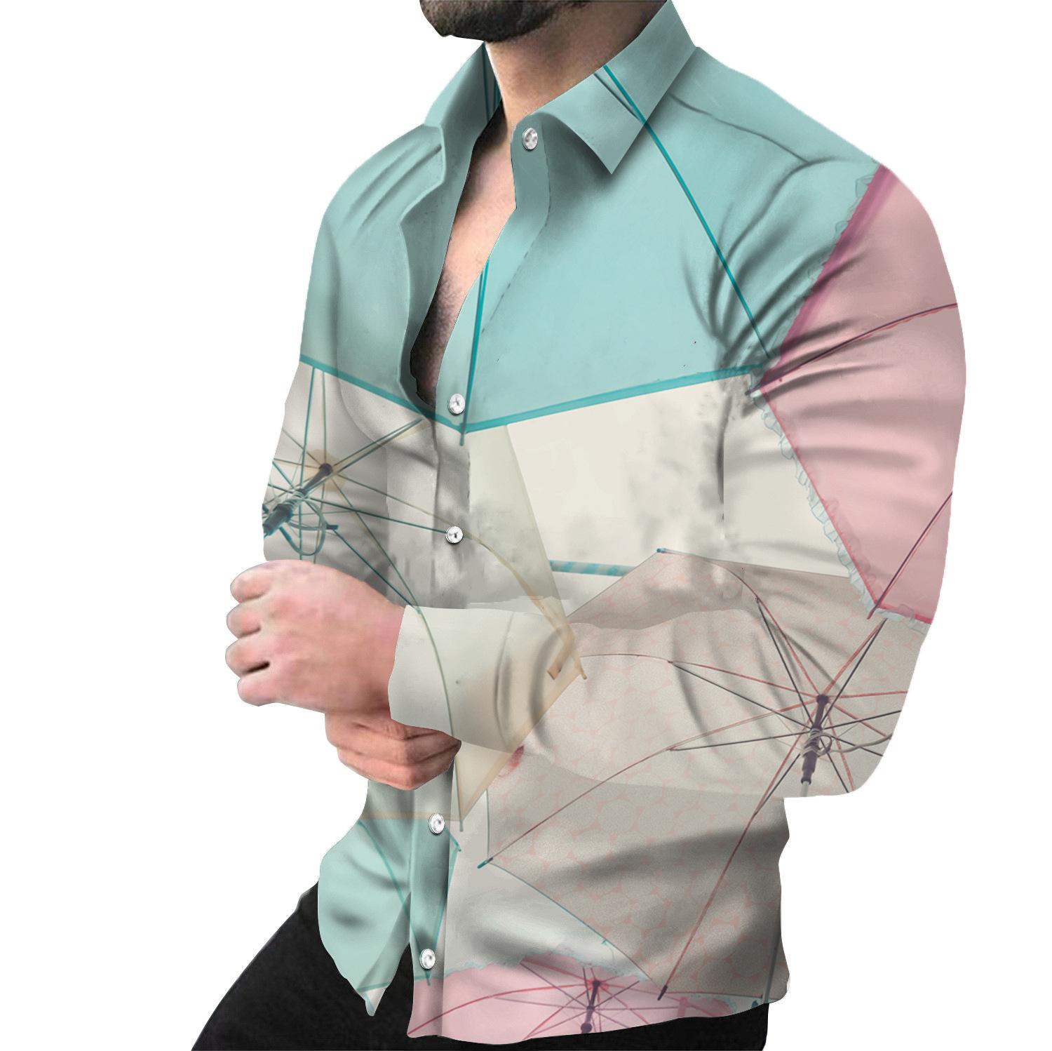 Camicia a maniche lunghe con colletto Stampa digitale 3D abbigliamento casual da uomo_voghion.com