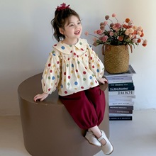 女童秋装套装2025新款洋气儿童彩色圆点娃娃衫女宝宝休闲裤两件套