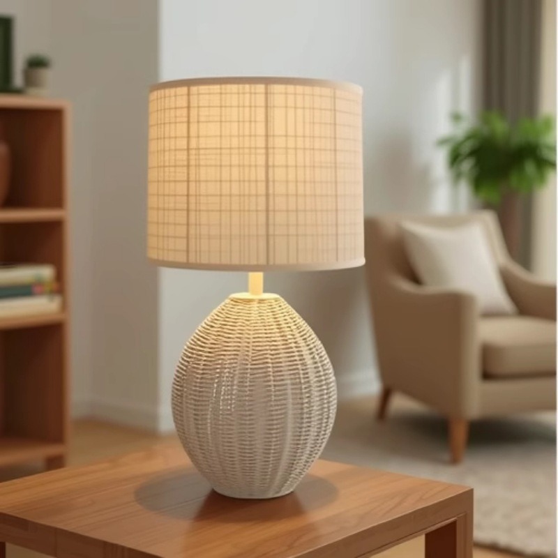 lámpara de escritorio de tela de caña retro sala de estar dormitorio residencial decoración de cabecera de cama luz de atmósfera artística de tela de caña creativa lámpara artística de tela de mano