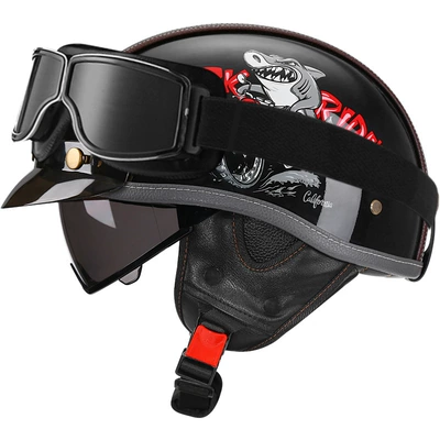 Motosiklet kaskı (dəbilqə) — Half Helmet Electric Motorcycle Helmet Japanese - bright-black-shark-bully-tea-mirror-square-retro-mirror-m