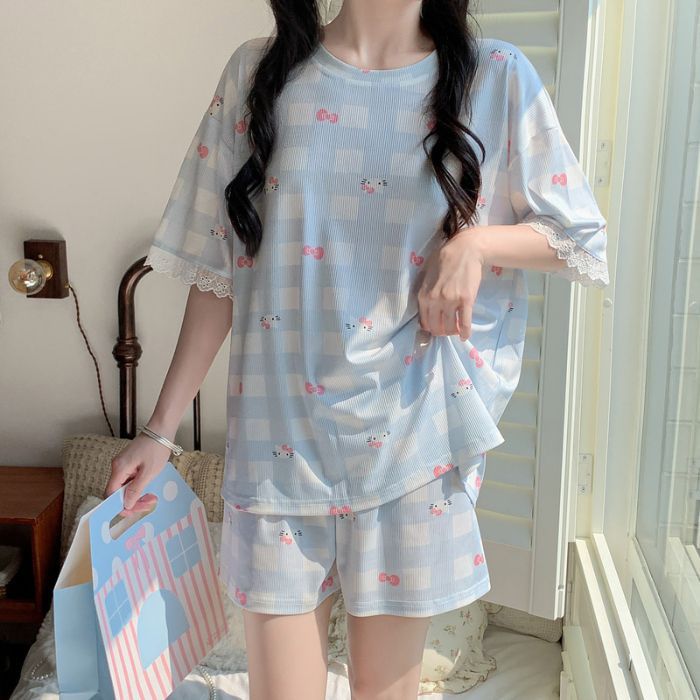 Venta al por mayor transfronteriza verano seda de hielo acanalado cuello redondo Douyin transmisión en vivo pequeño libro rojo moda de moda pijamas de manga corta servicio a domicilio femenino
