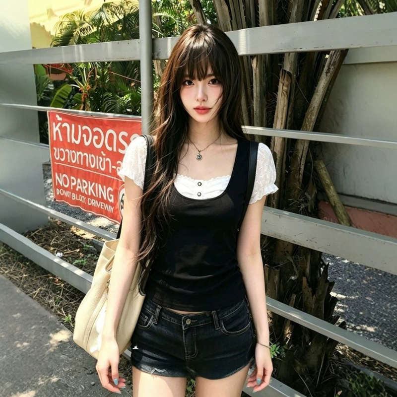 Korean-Style Lace Fake Two-Piece Puff Short-Sleeve T-Shirt for Women, Summer 2026 New Slim-Fit Flattering Spicy Girl Square-Neck Top