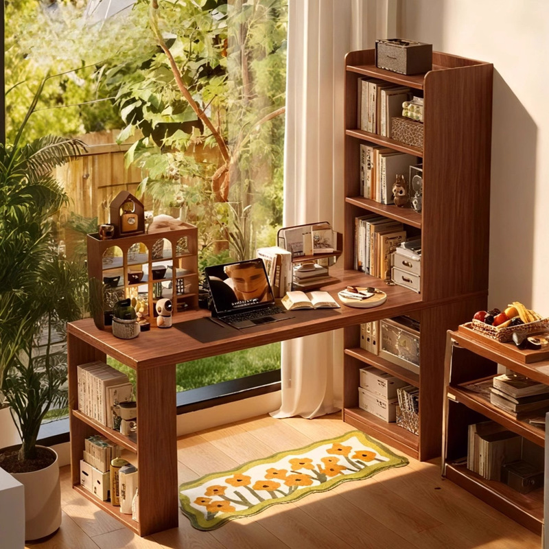 Solid Wood Desk with Bookcase, Study Table, Workbench, Walnut Color Computer Desk, Dressing Table, Multifunctional Computer Desk