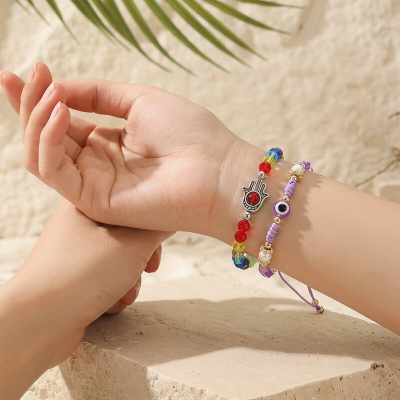 Cross-Border New Product Bohemian Style Devil's Eye Fatima Hand Eye Accessory Elastic String Beaded Bracelet for Women