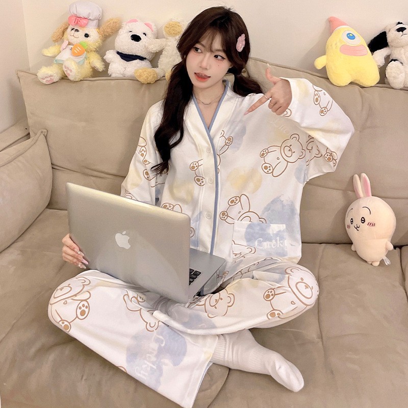 잠옷 여성의 봄과 가을 새로운 면 긴 소매 옷깃 얇은 달콤한 사랑 소녀는 외부 가정 옷을 입을 수 세트