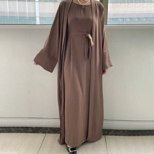Cross-Border Tiktok Robe Skirt Jacket Women's Popular Middle Eastern Turkish Pure Color Large Size Export Cardigan 2-Piece Set