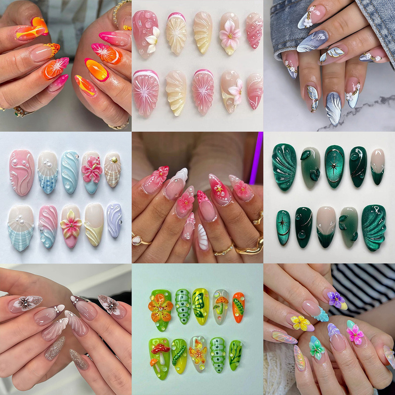 Cross-Border Hot-Selling 3D Resin Wearable Three-Dimensional Carved Gradient Nail Art European and American False Nail Wearable Nails