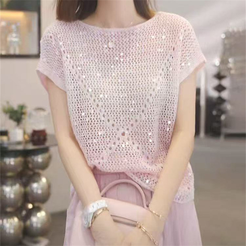 Gentle and Elegant Short-Sleeved Sequined Cut-Out Knitted Blouse for Women 2026 Summer Fashion Simple and Stylish Workwear Knitted Sweater Gentle and Elegant Short-Sleeved Sequined Cut-Out Knitted Blouse for Women 2026 Summer Fashion Simple and Stylish Workwear Knitted Sweater
