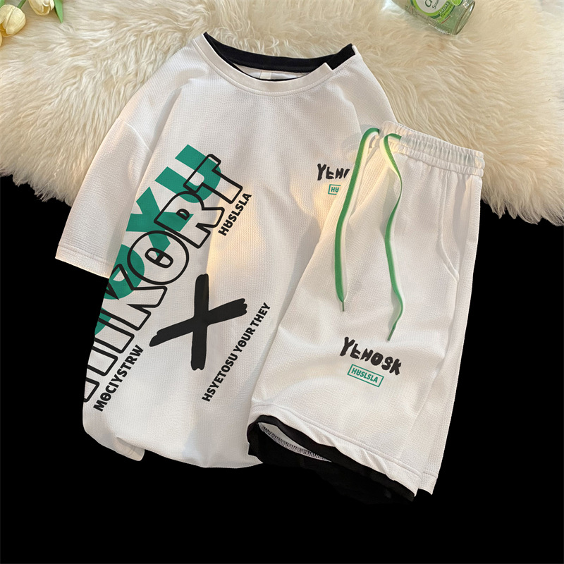Summer waffle fake two-piece casual sports suit boys loose all-match casual short-sleeved shorts set matching