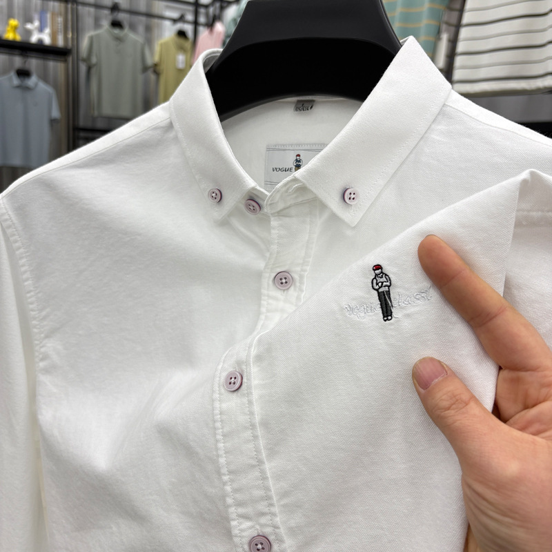 New 100% Cotton Men's Shirt Long-Sleeved Autum Middle-Aged Lapel Embroidered Pure Color High-End Shirt Men's Wholesale