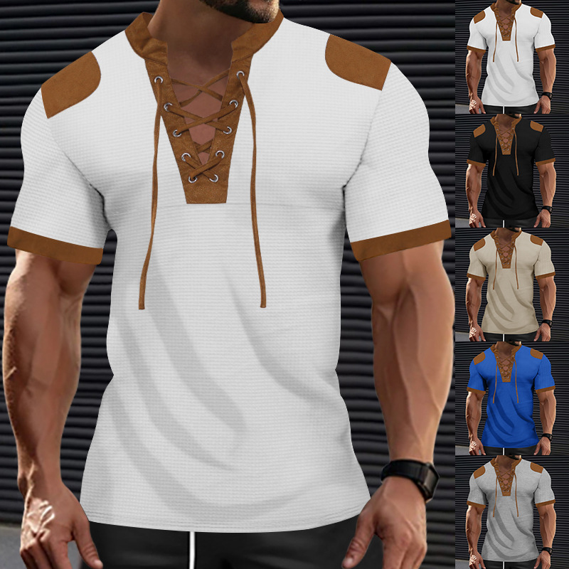 T-shirt da uomo con scollo a v e laccetti moda casual estiva_voghion.com