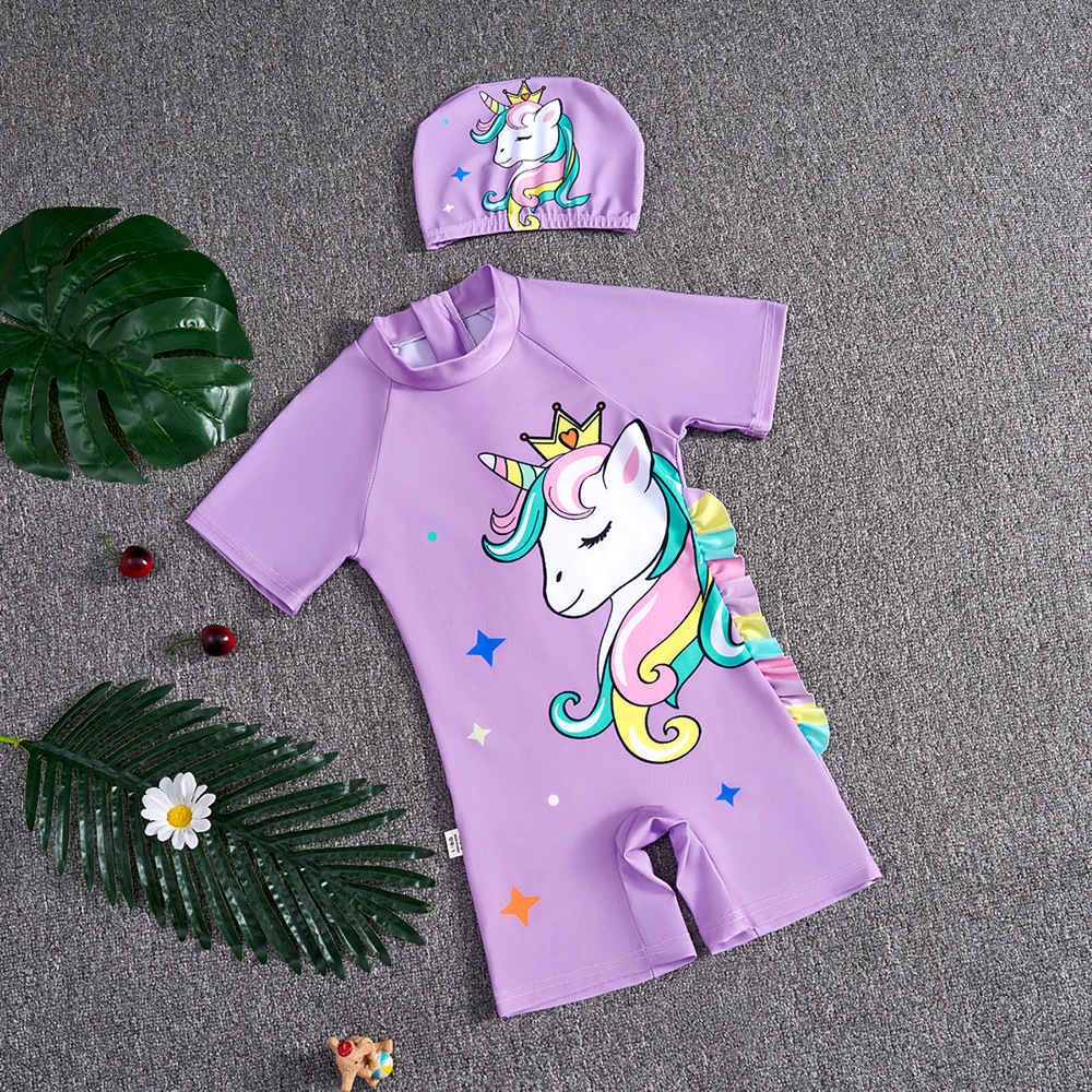 Children's Swimsuit Cartoon Summer Suit Girls Short-Sleeved Sun Protection Girl One-Piece Swimsuit Small and Medium-Sized Baby Swimming Cap