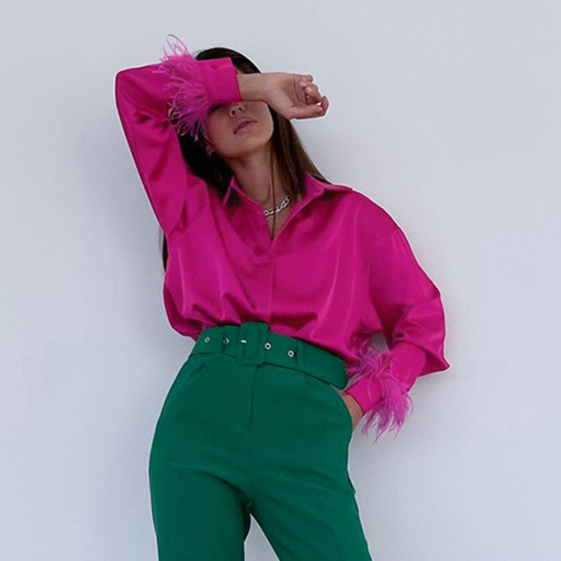 European and American women's new fashion feather shirt women's shirt cardigan autumn women's long sleeve elastic satin 2025