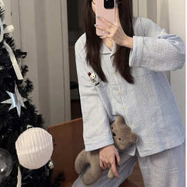秋季100%纯棉棉纱长袖女睡衣家居服