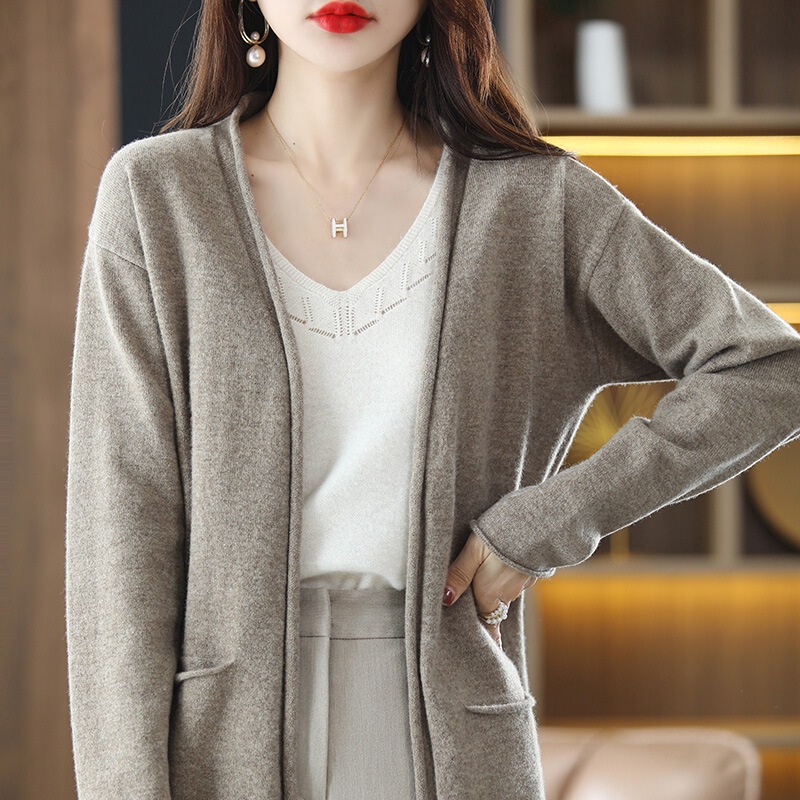 Cashmere sweater cardigan top knitted shawl coat cashmere mid-length lazy pure outer sweater women's buckle-free New