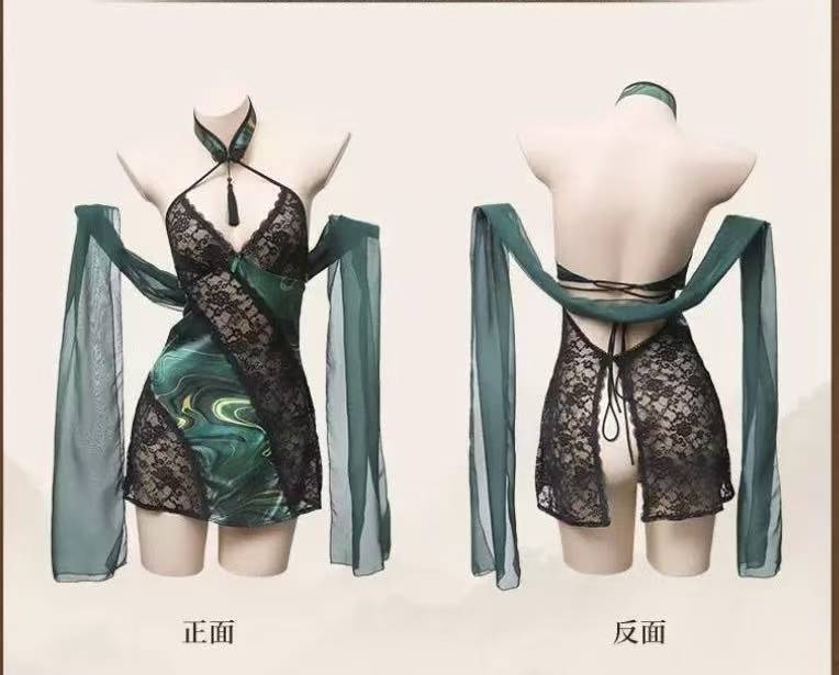 Halter Neck Lace Cheongsam-Style Cosplay Dress with Slits and Sheer Scarf — detail image 1