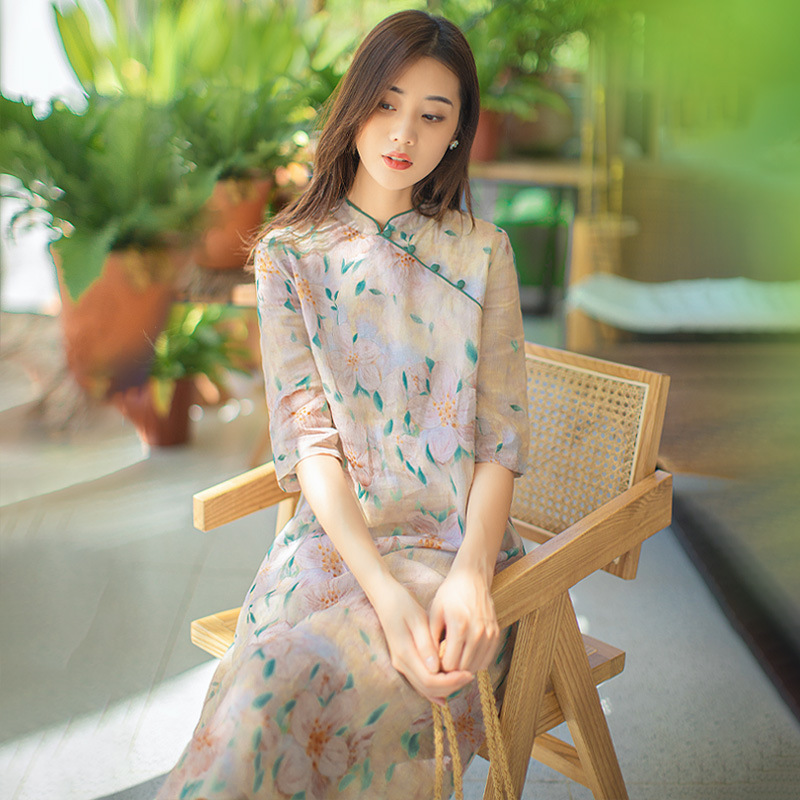 商场专柜清仓高端女装苎麻连衣裙复古改良旗袍宽松显瘦棉麻裙子