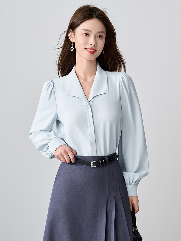 蝴蝶结蓝色衬衫女2025春秋新款通勤穿搭法式面试长袖衬衣职业上衣|undefined
