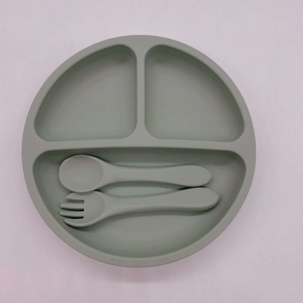 흡입 컵 실리콘 포크 스푼 (컬러 박스) 없이 녹색