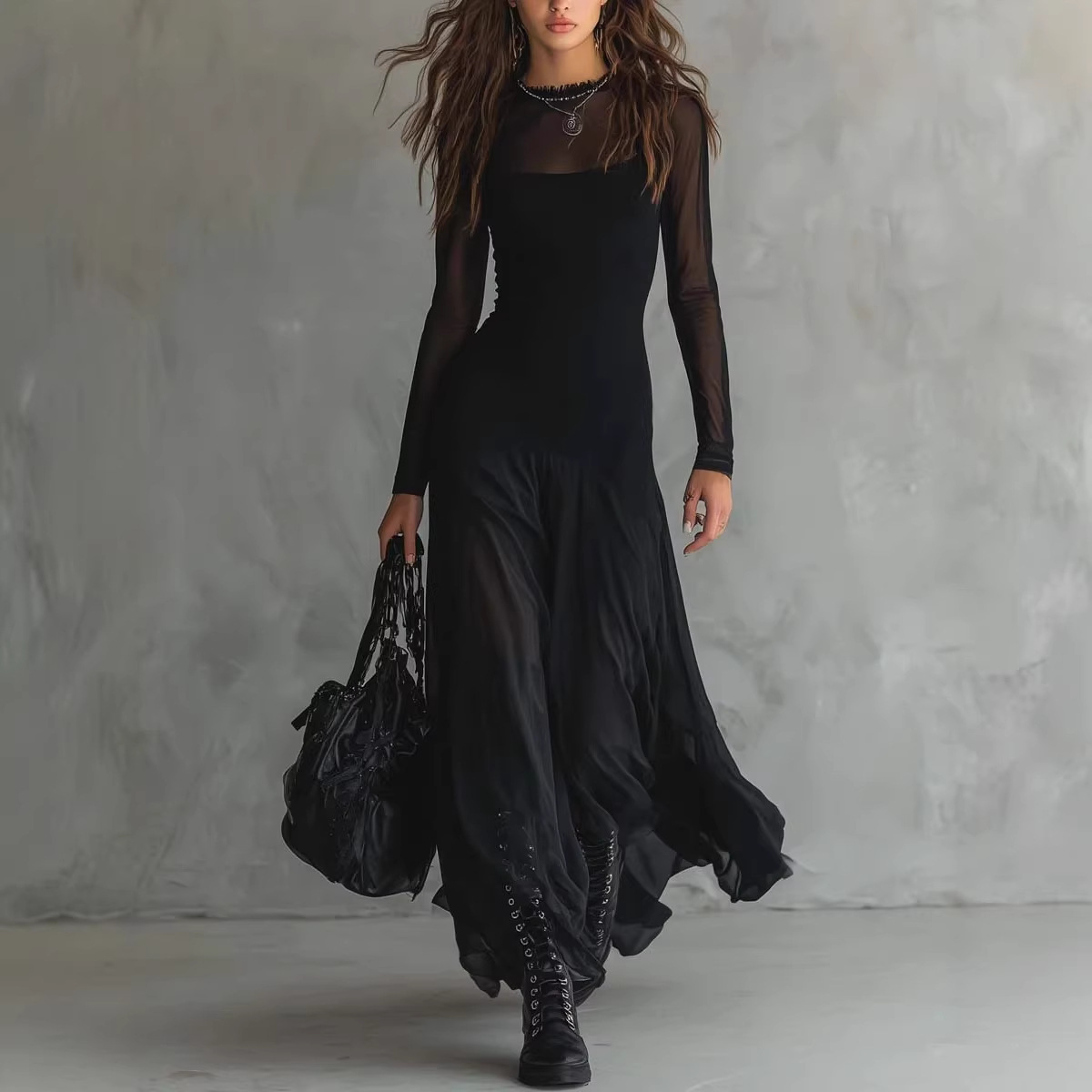 2026 European and American Women's Fashion Independent Site Amazon Ins Solid Color Long-Sleeve Round-Neck Sheer Flared Dress Long Skirt