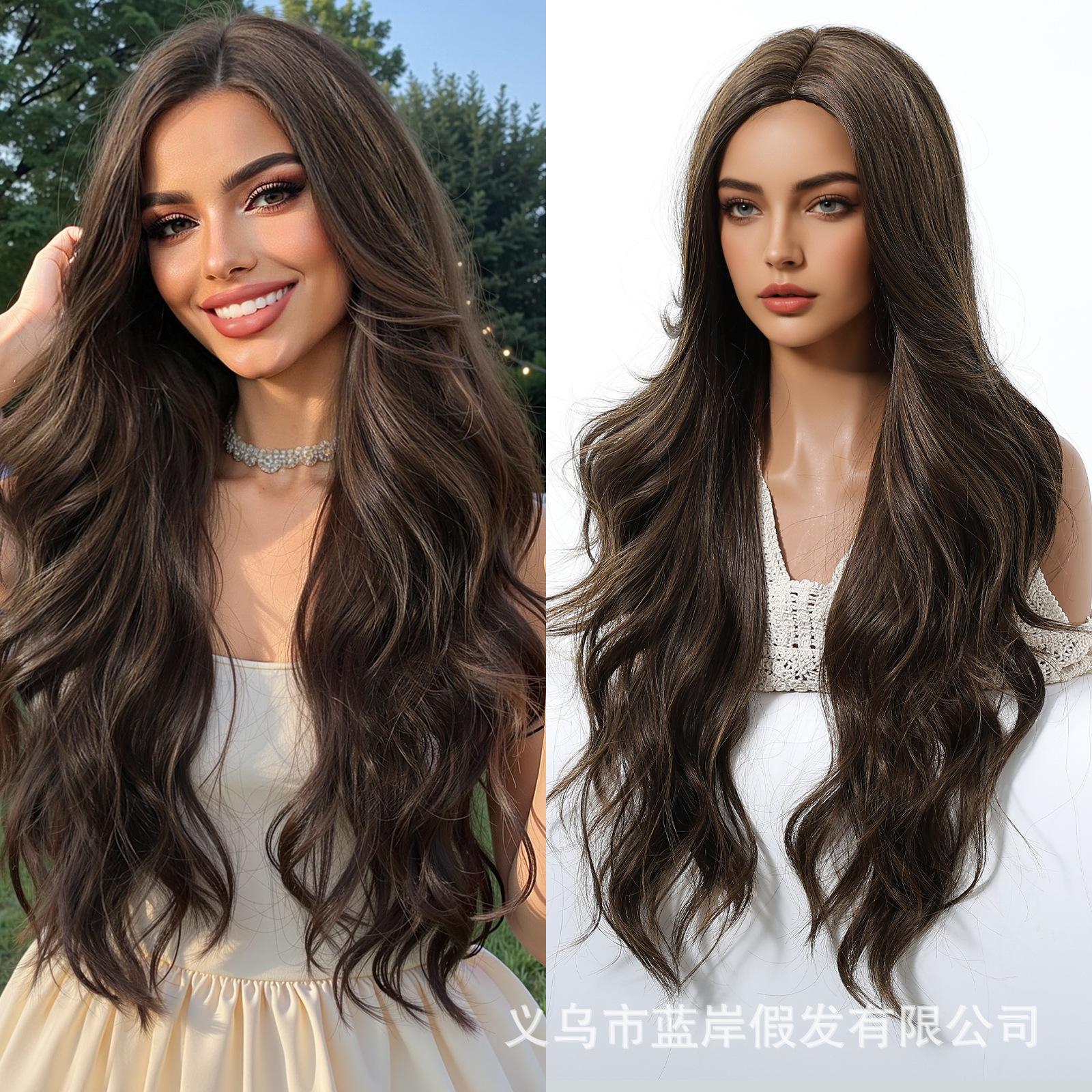 Peluca larga rizada nueva transfronteriza para mujer, peluca completa, estilo europeo y americano, con raya en medio, peluca de fibra sintética negra.