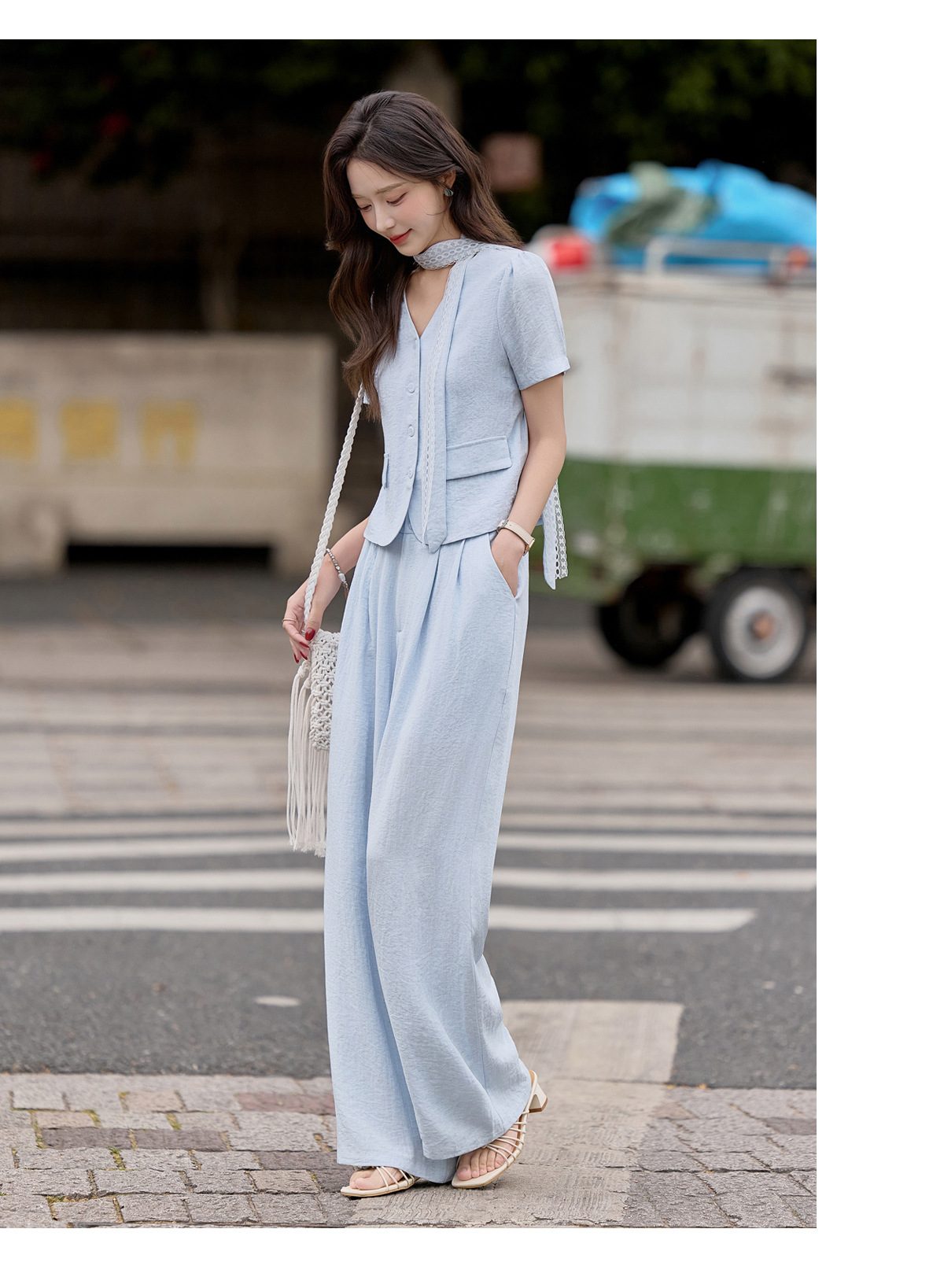 Bộ quần áo hai mảnh nữ mùa hè 2026 áo sơ mi cổ V tay ngắn phối quần ống rộng — Màu ảnh chi tiết 15
