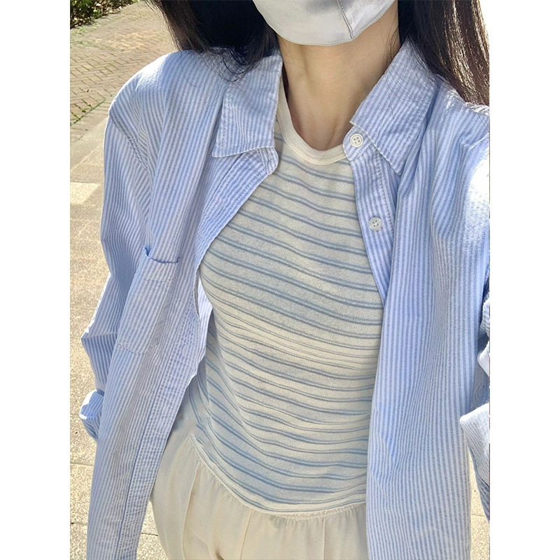 Blue Striped Sun Protection Shirt for Women, Summer Hong Kong Style Chic Unique French-Style Long-Sleeve Blouse Jacket