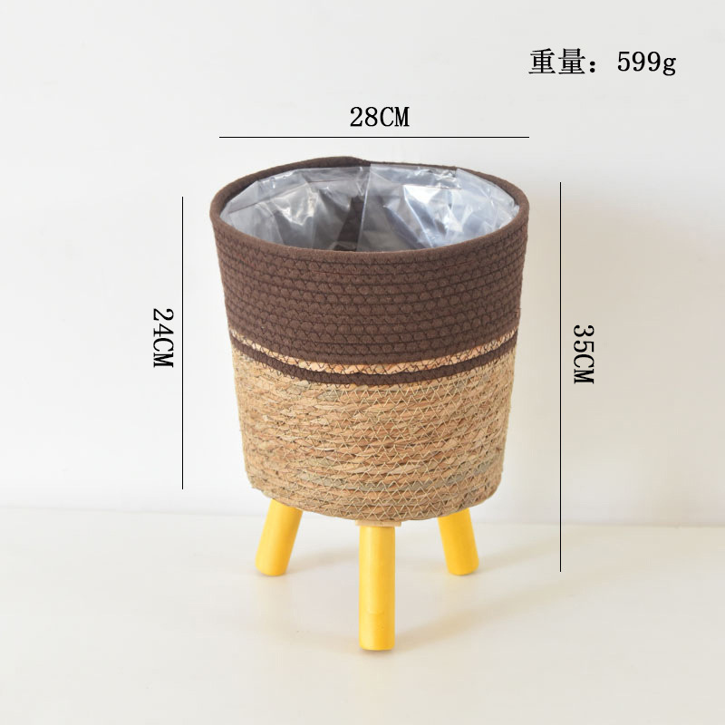 Decoración nórdica tipo piso estante de flores plantas de paja trenzadas cestas de flores de caña trenzadas maceta de loto verde balcón sala de estar estante de maceta