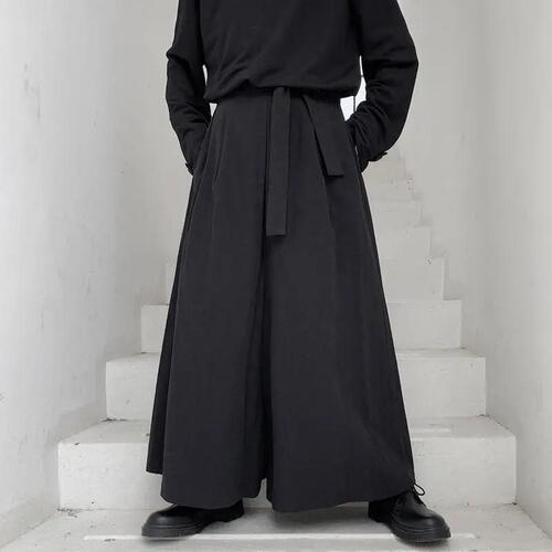 Designer Large Print Wide Leg Pants with Yohji Yamamoto Style Skirt Pants, Dark Black Samurai Pants, Barber Stylist Japanese Long Pants