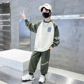 男童撞色长袖卫衣套装2023新款时髦中大童圆领套头衫春秋季运动套