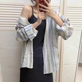 秋装新款中长款宽松大码长袖开衫雪纺衬衫女学生竖条纹衬衣外套潮