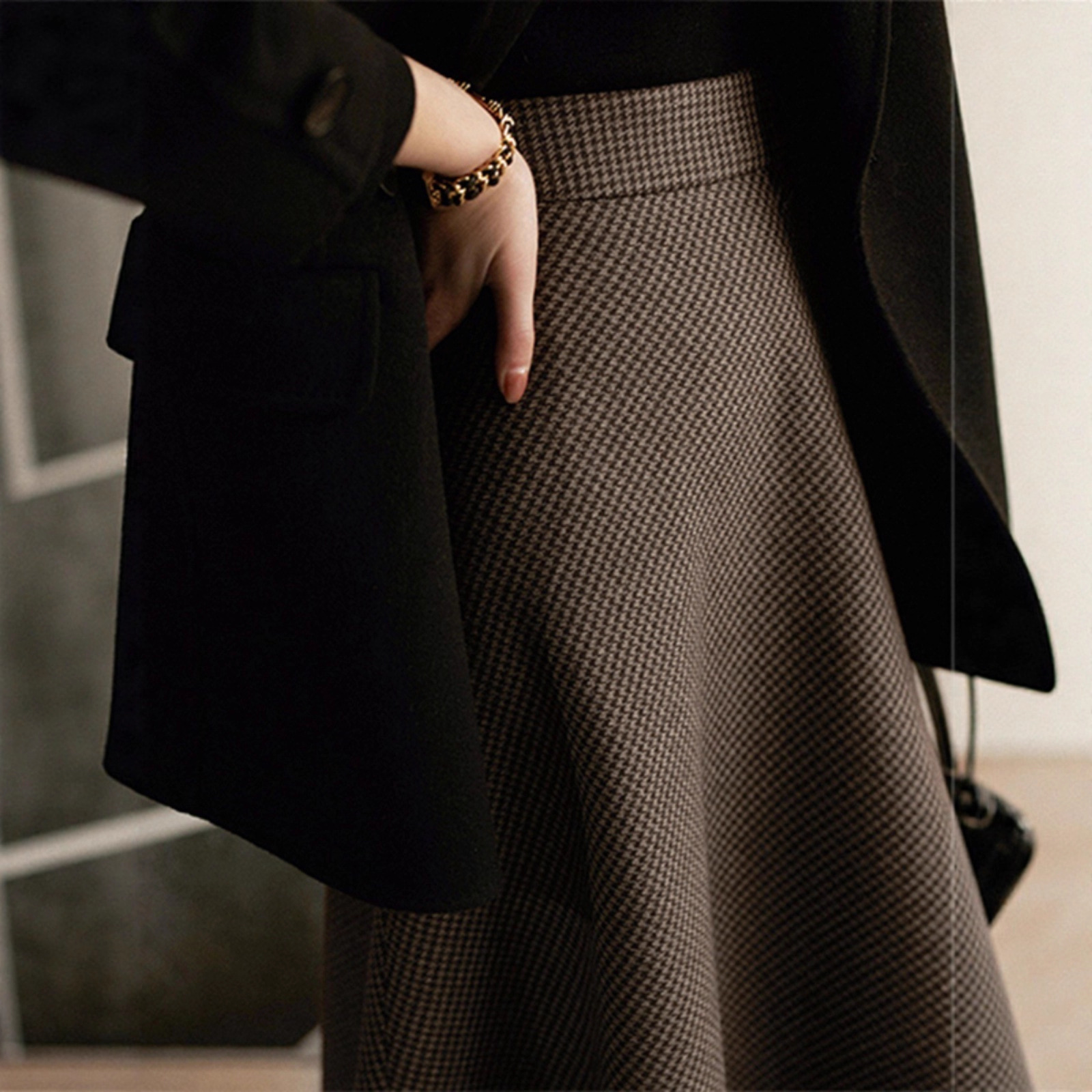 法式千鸟格子毛呢半身裙女2025新款秋冬款高级感ol中长款a字裙子