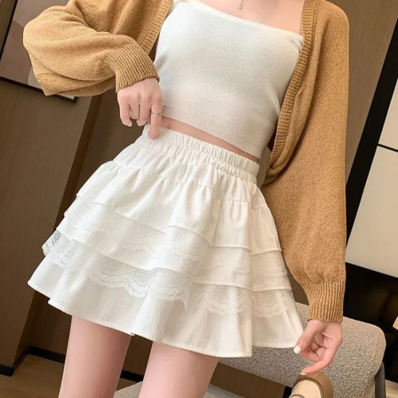短裙白色蕾丝蛋糕裙半身裙女夏季高腰显瘦小个子a字裙公主蓬蓬裙|undefined